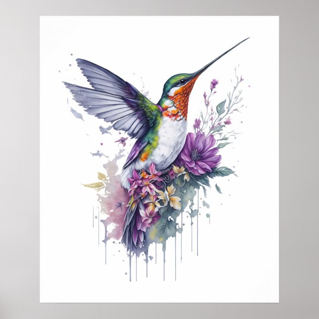Blommigt Elegance - Watercolor Hummingbird Poster (Framsidan)