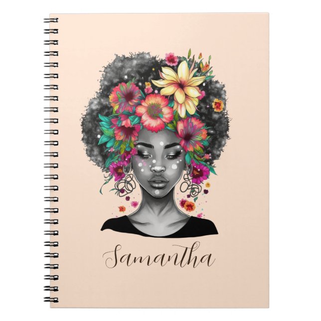 Blommigt Elegant Afro Woman Anteckningsbok (Framsidan)