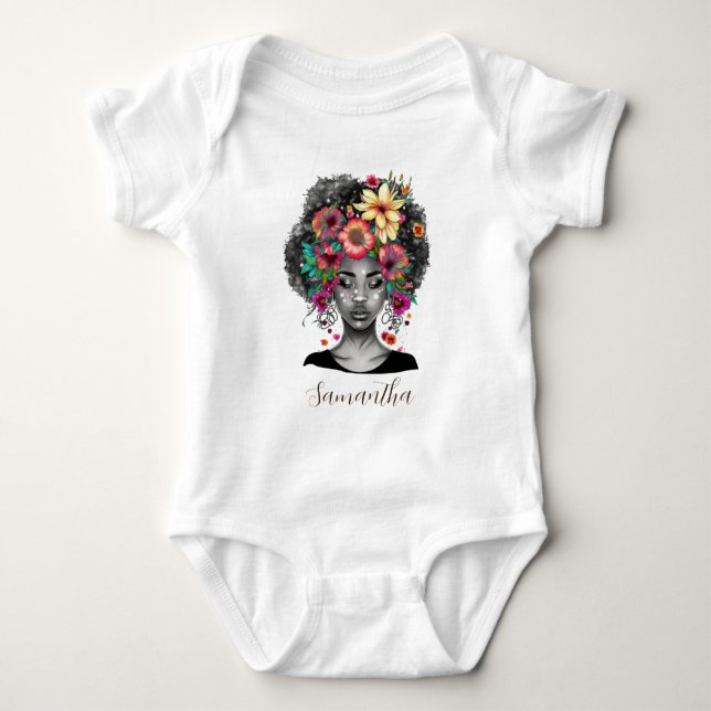 Blommigt Elegant Afro Woman Baby T Shirt (Framsida)