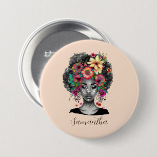 Blommigt Elegant Afro Woman Knapp