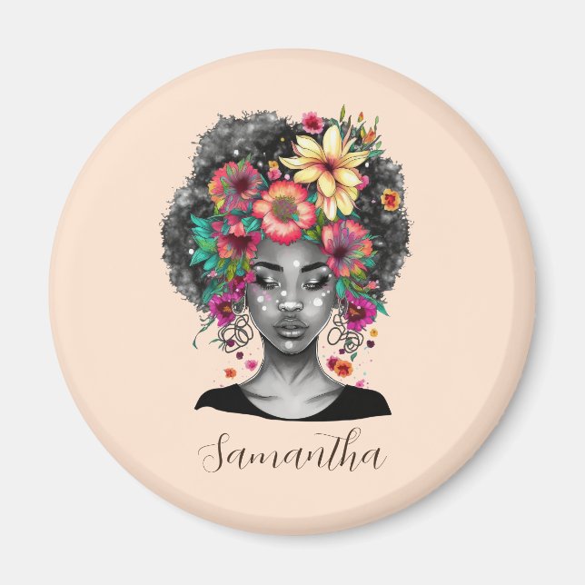 Blommigt Elegant Afro Woman Magnet (Framsidan)