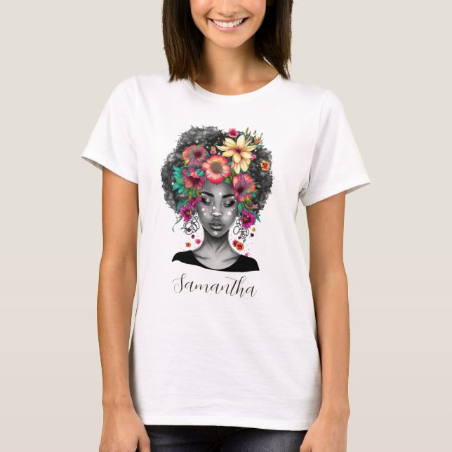Blommigt Elegant Afro Woman T Shirt (Framsida)