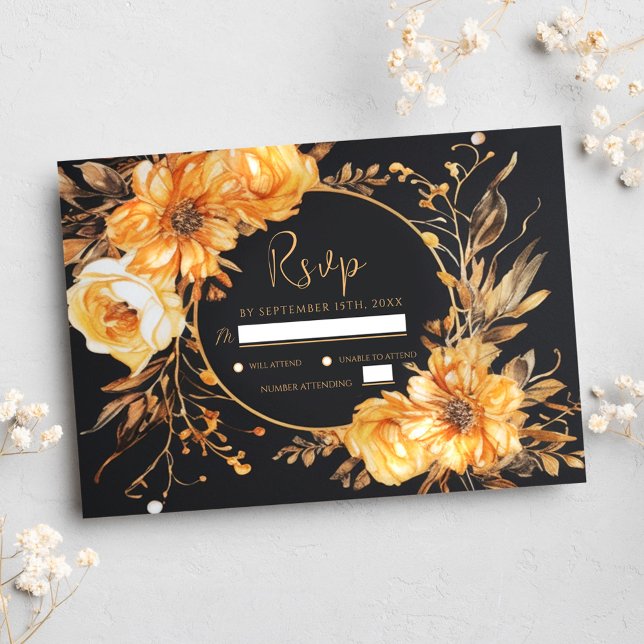Blommigt Elegant Black Fall-bröllop OSA Kort (Floral Elegant Black Fall Wedding RSVP Card)