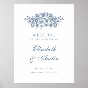 Blommigt Elegant Botaniskt blått Bröllop Välkomstt Poster