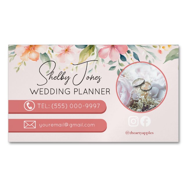 blommigt Elegant bröllop Planner Small Business Magnetiska Visitkort (Framsida)