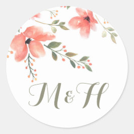 Blommigt Elegant bröllop Stickers-Watercolor Flowe Runt Klistermärke