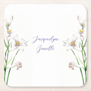 Blommigt Elegant Chic Calligraphy Namn Lithograph Underlägg Papper Kvadrat