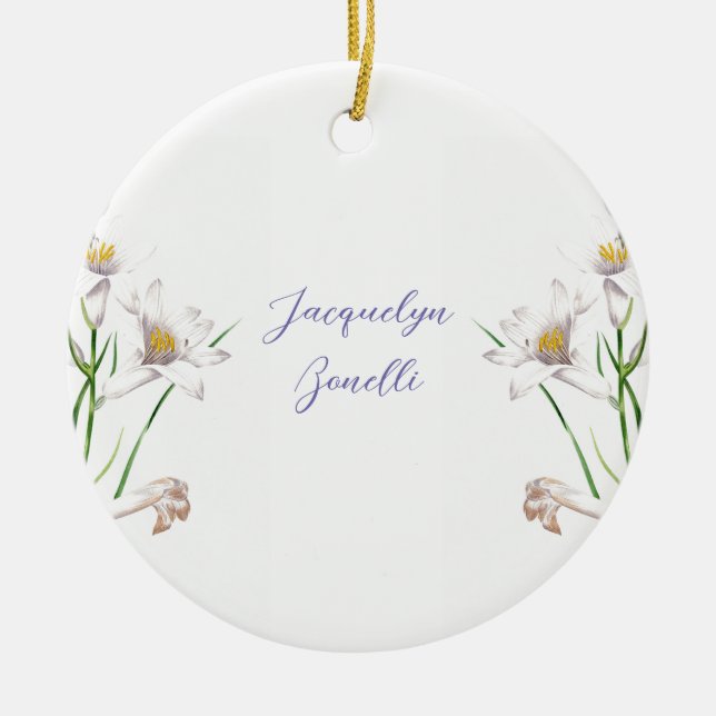 Blommigt Elegant Chic Cute Calligraphy Add Namn Julgransprydnad Keramik (Framsidan)