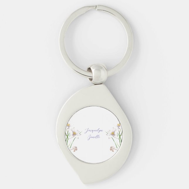 Blommigt Elegant Chic Cute Calligraphy Add Namn Swirl Silverfärgad Nyckelring (Framsidan)