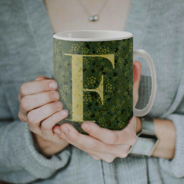 Blommigt Elegant Classy Monogram F grönt med fras Kaffemugg (Skapare uppladdad)