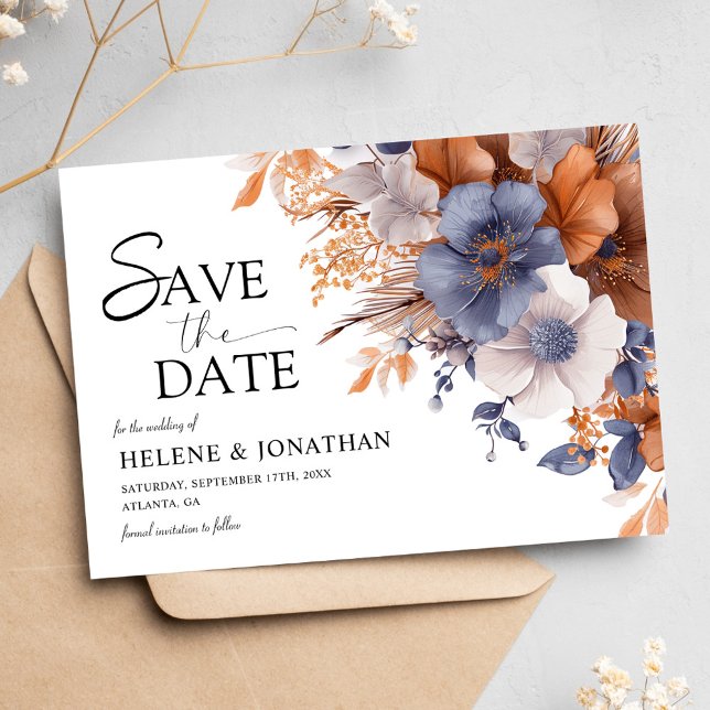 Blommigt Elegant Dusty Blue Terracotta Bröllop Spara Datumet (Floral Elegant Dusty Blue Terracotta Wedding Save The Date)