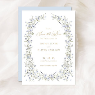 Blommigt Elegant Dusty Blue WAN Spara datum Inbjudningar