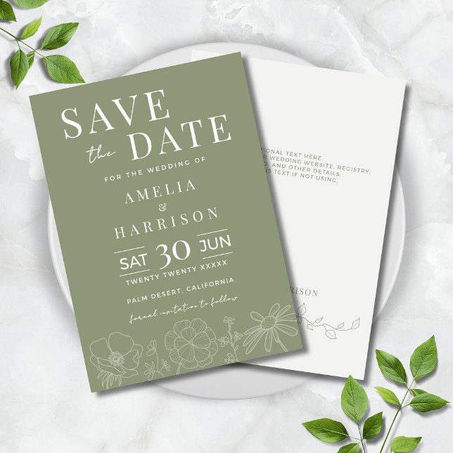Blommigt  Elegant för Sage Grönt Art Bröllop Spara Datumet (Sage Green Elegant Floral Line Art Wedding Save the Date Invitation with Optional Text on Back.)