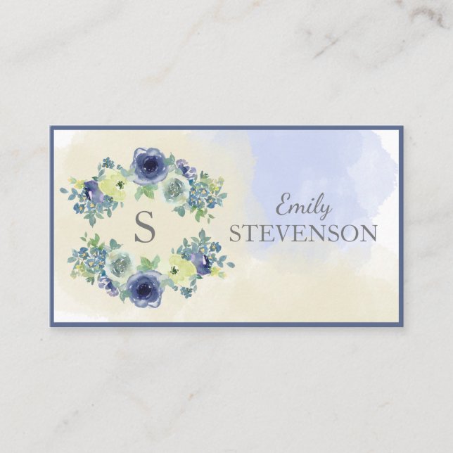 Blommigt Elegant för vattenfärg Monogram Visitkort (Framsida)