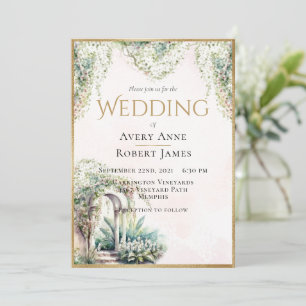 Blommigt Elegant Guld Garden Greenery Bröllop Inbjudningar