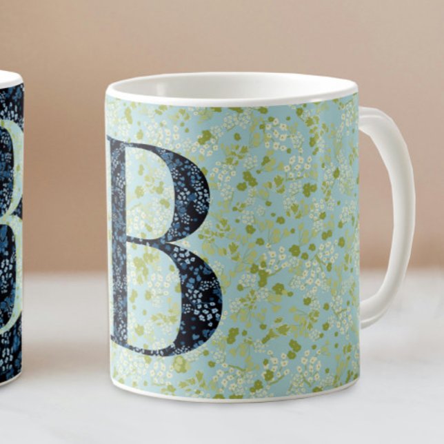 Blommigt Elegant Klassi Monogram B blå med fras Kaffemugg (Skapare uppladdad)