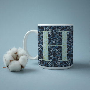 Blommigt Elegant Klassi Monogram H blått med fras Kaffemugg