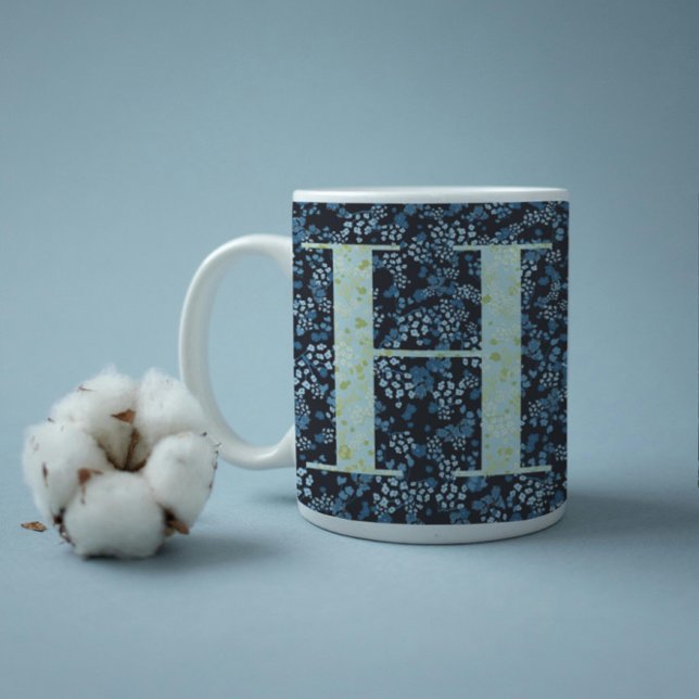 Blommigt Elegant Klassi Monogram H blått med fras Kaffemugg (Skapare uppladdad)