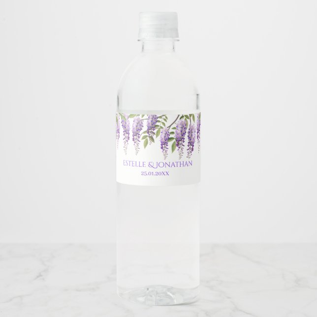 Blommigt Elegant Lila Wisteria Bröllop Vattenflaskor Etikett (Framsida)