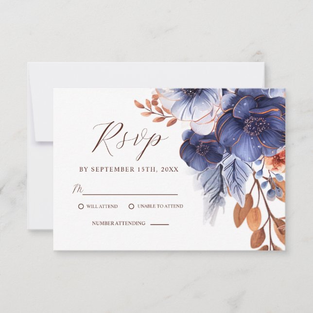 Blommigt Elegant Navy Blue Terracotta Boho Bröllop OSA Kort (Framsida)