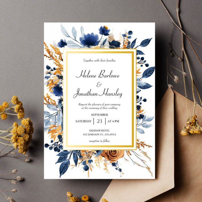 Blommigt Elegant Navy Blue Terracotta Bröllop Inbjudningar (Floral Elegant Navy Blue Terracotta Wedding Invitation)