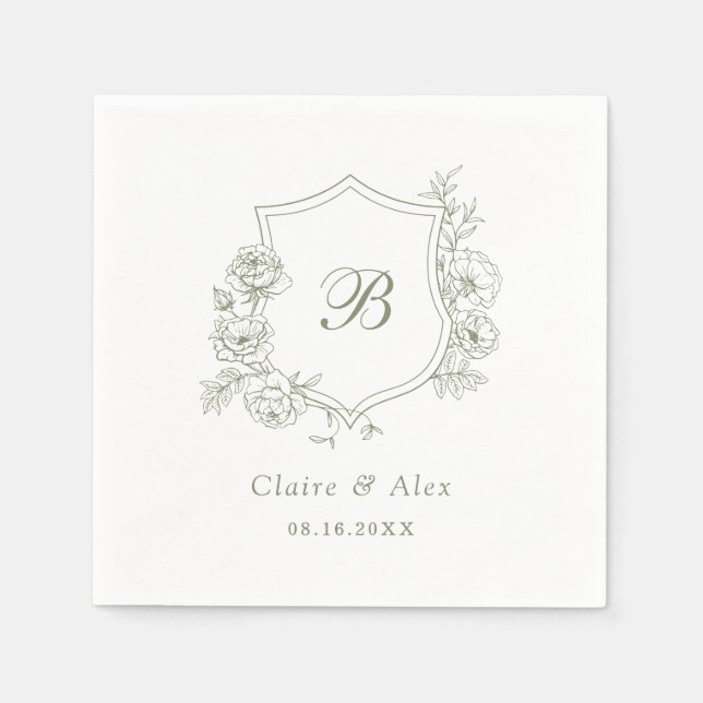 Blommigt Elegant Ro Vapensköld Sage Grönt Monogram Pappersservett (Framsidan)