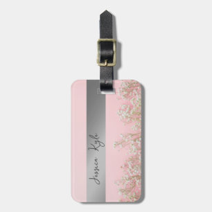 Blommigt Elegant Rosa och Guld Metall Typografi Na Bagagebricka