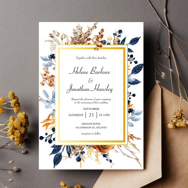 Blommigt Elegant Rustic Navy Blue Terracotta Bröll Inbjudningar (Floral Elegant Rustic Navy Blue Terracotta Wedding Invitation)