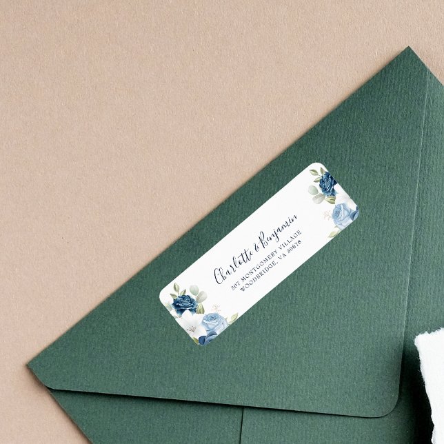 Blommigt Elegant  Skript - blå Returadress Returadress Etikett (Dusty Blue Floral Script Return Address Label)