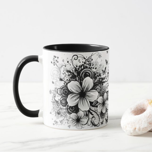 blommigt elegant svarta blommor kaffe mugg (Med munk)