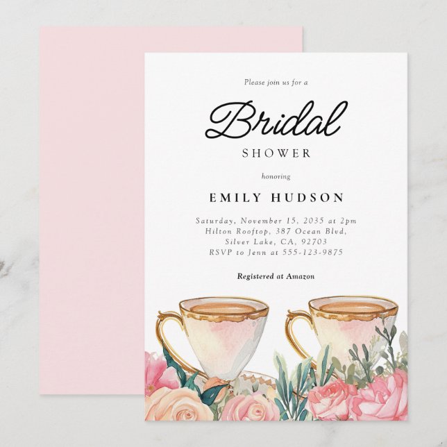 Blommigt Elegant Tea Party Inbjudningskort för möh (Fram/baksida)