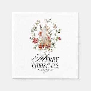 Blommigt Elegant Vattenfärg Cat God jul Pappersservett