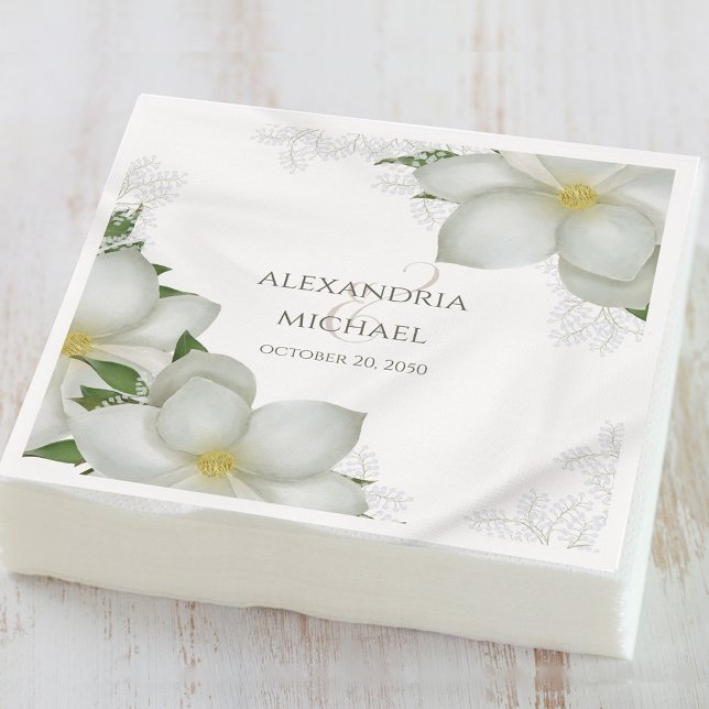 Blommigt Elegant Vattenfärg Vit Magnolia Flower Pappersservett (Skapare uppladdad)