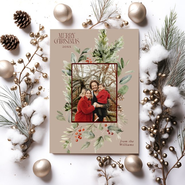 Blommigt Elegant Vattenfärgsfoto God jul Foto Julkort (Skapare uppladdad)