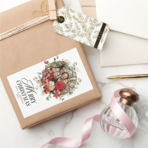 Blommigt Elegant Vattenfärgsfoto God jul Foto Rektangulärt Klistermärke