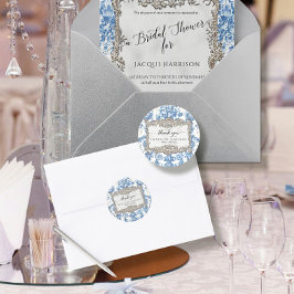 Blommigt Elegant Vintage Blue White Silver Tack Runt Klistermärke