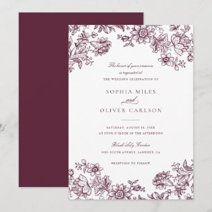 Blommigt Elegant Vintage Burgundy Bröllop Inbjudningar