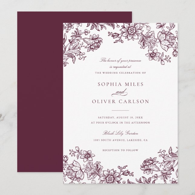 Blommigt Elegant Vintage Burgundy Bröllop Inbjudningar (Fram/baksida)