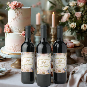 Blommigt Elegant Vintage Rosa Blue n Guld Vattenfä Vinflaska Etikett