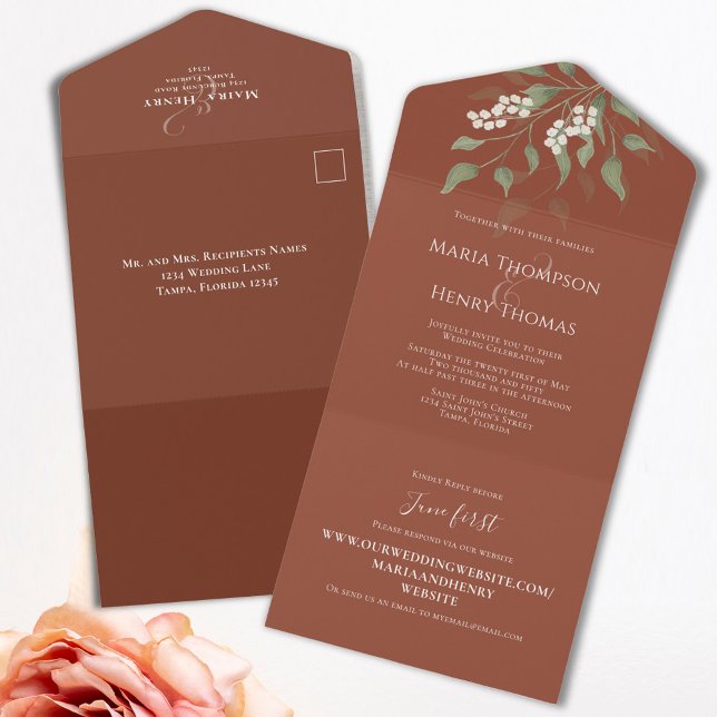 Blommigt Elegant White Terracotta Guest adresserad (Terracotta All in One Style invitation template. )