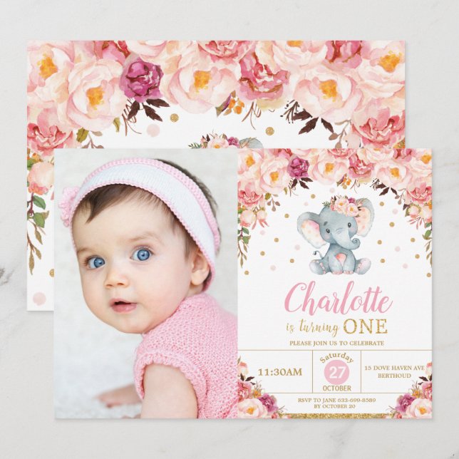  Blommigt Elephant 1:a födelsedag Guld Foto Inbjudningar (Fram/baksida)