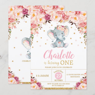 Blommigt Elephant 1:a födelsedag Guld Glitter Inbjudningar