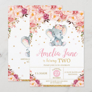 Blommigt Elephant 2:a födelsedag Guld Glitter Inbjudningar