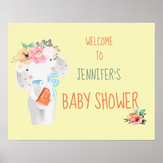 Blommigt Elephant Anpassade Baby Shower-skylt Poster (Framsidan)