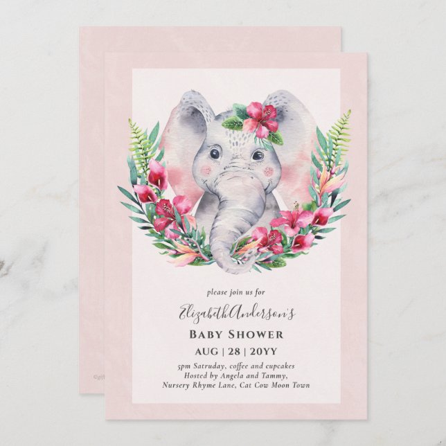 Blommigt Elephant Baby Shower Inbjudan (Fram/baksida)