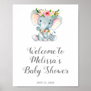 Blommigt Elephant Baby Shower-skylt, Flicka Shower Poster
