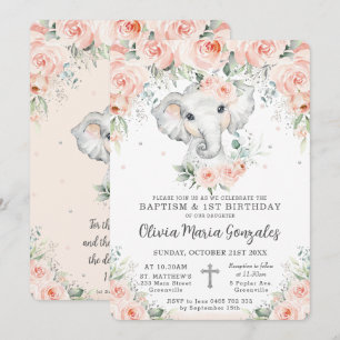  Blommigt Elephant Baptism 1:a födelsedag Inbjudningar