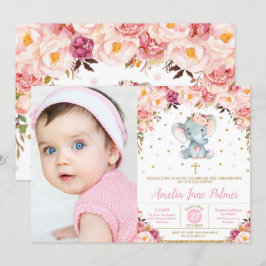 Blommigt Elephant Christening Baptism Girl Photo Inbjudningar