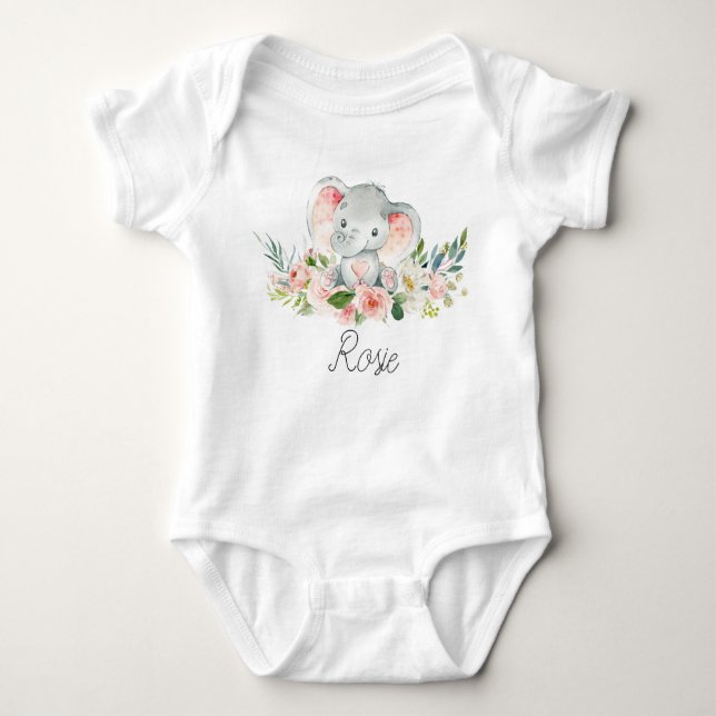 Blommigt Elephant Flicka Bodykostym T Shirt (Framsida)