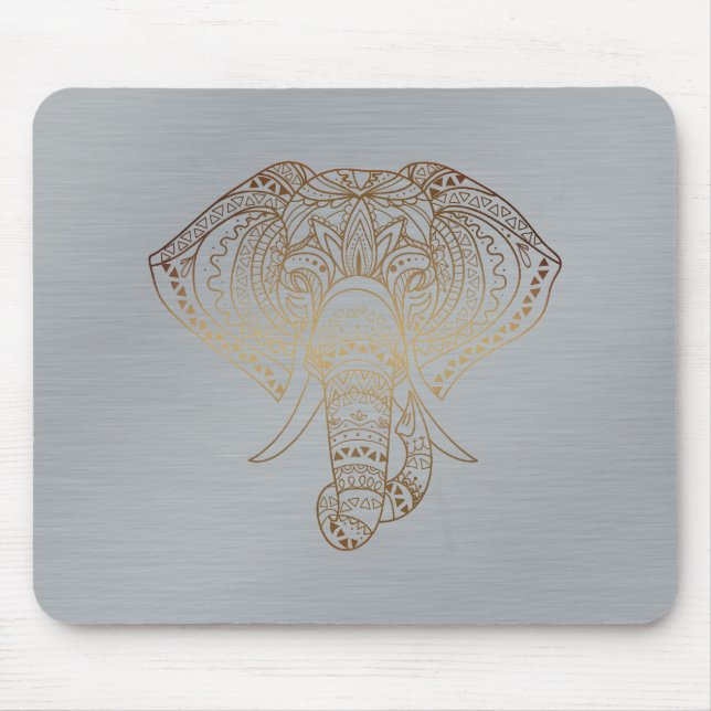 Blommigt Elephant Guld Silver Tribal Office Gift Musmatta (Framsidan)
